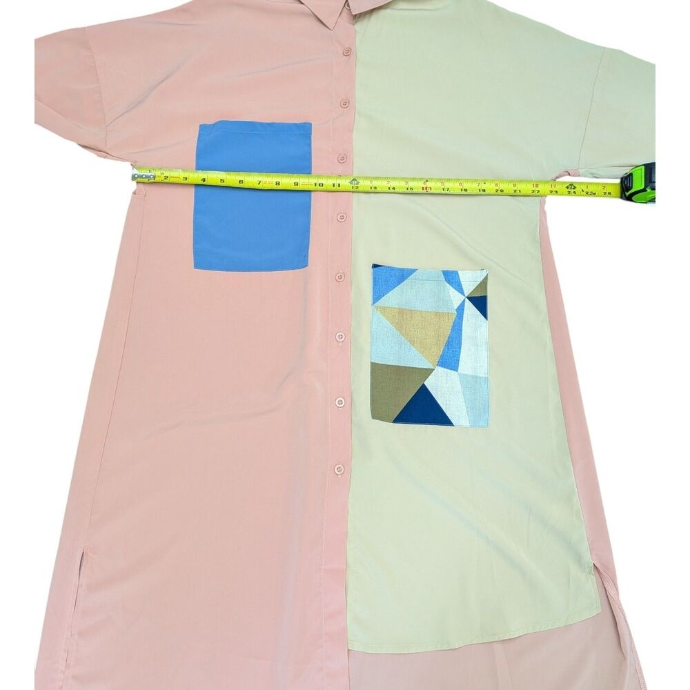 Boho Color Block Shirt Dress Maxi Asymmetric Patchwork Pastel Pink Beige Medium - Picture 9 of 9